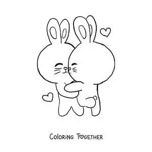 Coloring page of two cute rabbits hugging with floating hearts