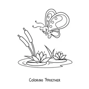 Coloring page of a cartoon butterfly flying toward some water lily flowers