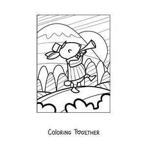 Coloring page of a cartoon rabbit walking while playing the trumpet