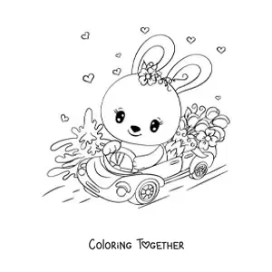 Coloring page of a kawaii rabbit driving a car decorated with flowers