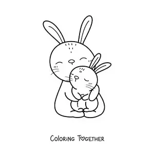 Coloring page of a cute mother rabbit hugging her baby