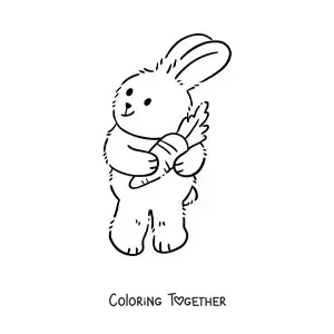 Coloring page of a big cartoon rabbit on two legs hugging a carrot