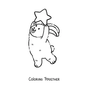 Coloring page of a cartoon rabbit on two legs holding a star over its head