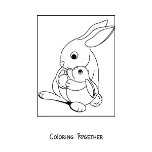 Coloring page of a mother rabbit holding a baby rabbit in her arms