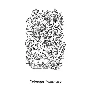 Coloring page of two little cartoon rabbits in a basket of flowers with a cat