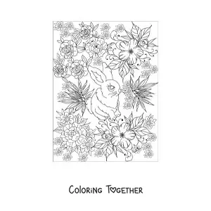Coloring page of a small rabbit with big eyes surrounded by flowers