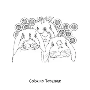Coloring page of three realistic rabbits with a pattern of textured circles in the background