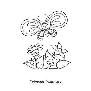 Coloring page of a cheerful cartoon butterfly flying over several flowers