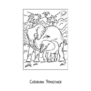 Coloring page of a realistic mom and baby elephant walking in the jungle