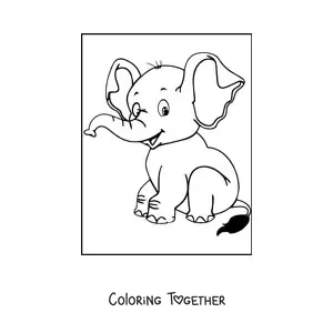 Coloring page of a cute baby elephant sitting and smiling