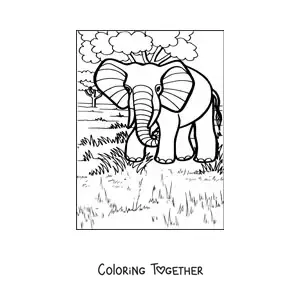 Coloring page of an elephant posing in its natural habitat