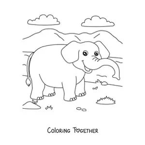 Coloring page of a cartoon elephant walking in the savanna