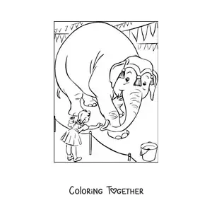 Coloring page of a girl feeding a circus elephant