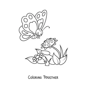 Coloring page of a cartoon butterfly approaching two flowers