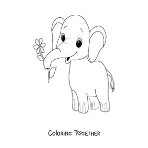 Coloring page of a cute baby elephant holding a flower with its trunk