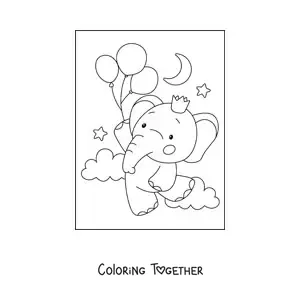 Coloring page of a kawaii baby elephant with a crown floating while holding on to some balloons