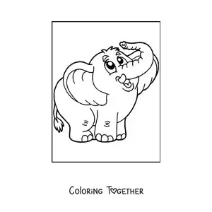Coloring page of a cute elephant with its trunk curled upward