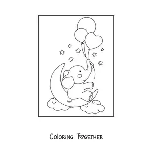Coloring page of a kawaii baby elephant sitting on a crescent moon in the sky holding heart balloons with its trunk