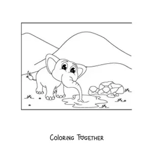 Coloring page of a cute cartoon elephant drinking water from a pond in the savanna