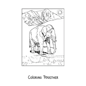 Coloring page of a realistic elephant on a sunny day in the savanna