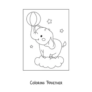 Coloring page of a kawaii baby elephant on a cloud holding a ball with its trunk