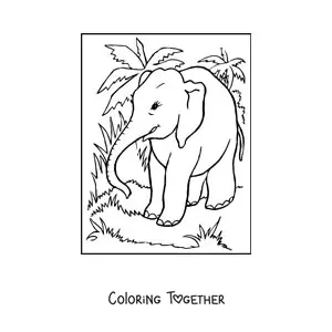 Coloring page of an elephant wandering through the jungle