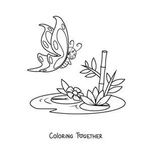 Coloring page of a cartoon butterfly flying near water lily flowers