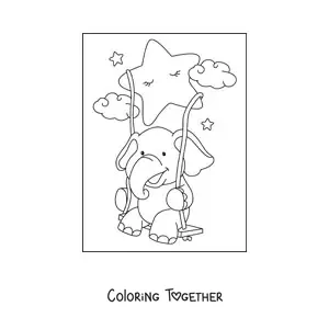 Coloring page of a kawaii elephant sitting on a swing hung from a cartoon star