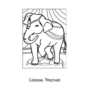 Coloring page of a decorated elephant at the circus standing on a pedestal