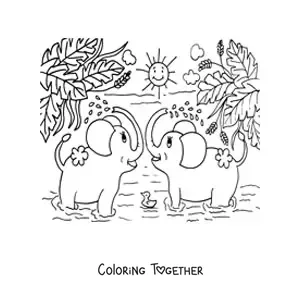 Coloring page of a pair of cartoon elephants bathing in the jungle on a sunny day