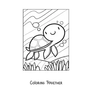Coloring page of a kawaii sea turtle swimming at the bottom of the sea