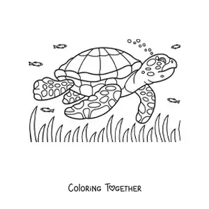 Coloring page of a realistic sea turtle swimming among fish in the sea