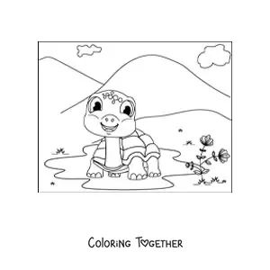 Coloring page of a smiling cartoon land turtle in a puddle in a mountain landscape