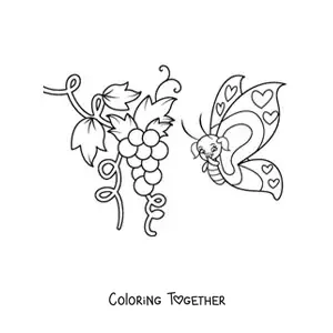 Coloring page of a cartoon butterfly flying near some grapes