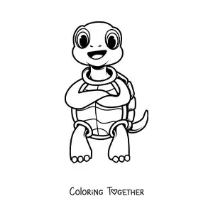 Coloring page of a cartoon turtle on two legs with its arms crossed