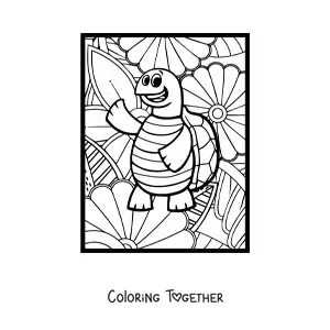 Coloring page of a funny cartoon turtle waving with flowers in the background