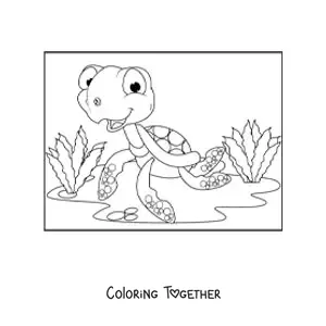 Coloring page of a cartoon sea turtle at the bottom of the sea