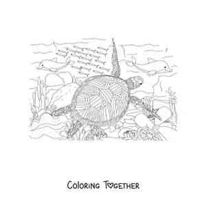 Coloring page of a realistic sea turtle swimming with fish at the bottom of the sea
