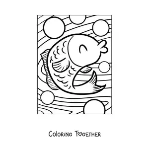 Coloring page of a happy cartoon fish swimming in the sea among bubbles with its eyes closed