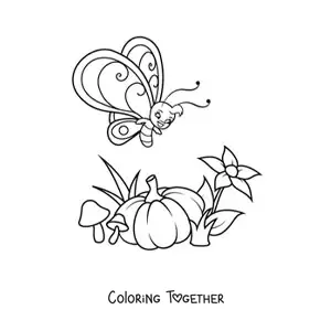 Coloring page of a cartoon butterfly flying near a pumpkin