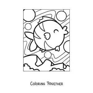 Coloring page of a happy cartoon fish swimming among bubbles in the water