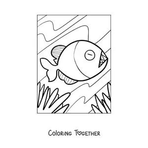 Coloring page of a cartoon piranha swimming at the bottom of the river