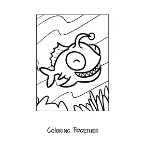 Coloring page of a smiling cartoon lanternfish swimming at the bottom of the sea