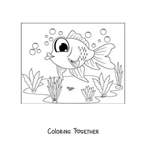 Coloring page of a cartoon goldfish with big eyes swimming among seaweed