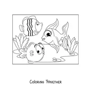Coloring page of three cartoon fish swimming together among seaweed