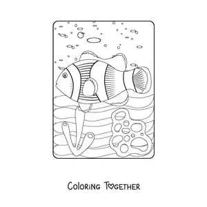 Coloring page of a clownfish swimming among coral in the sea