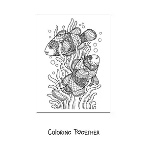 Coloring page of two fish swimming among seaweed