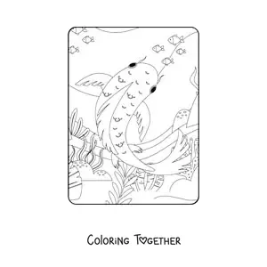 Coloring page of a koi fish swimming in the reef with other fish