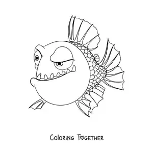 Coloring page of a cartoon piranha with a suspicious expression