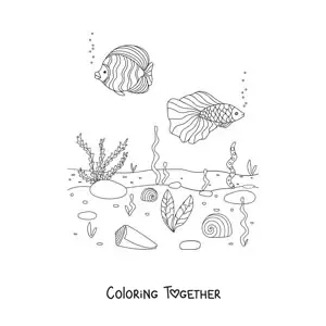 Coloring page of two fish at the bottom of the sea with coral and seaweed